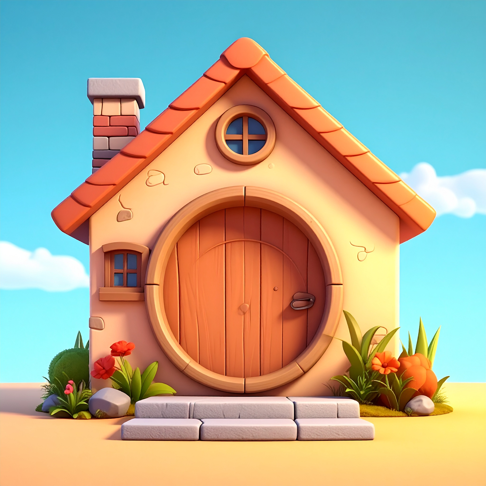 Illustrated cartoon house with a round front door — the visual used in the shapes activity to ask students how every shape could get inside