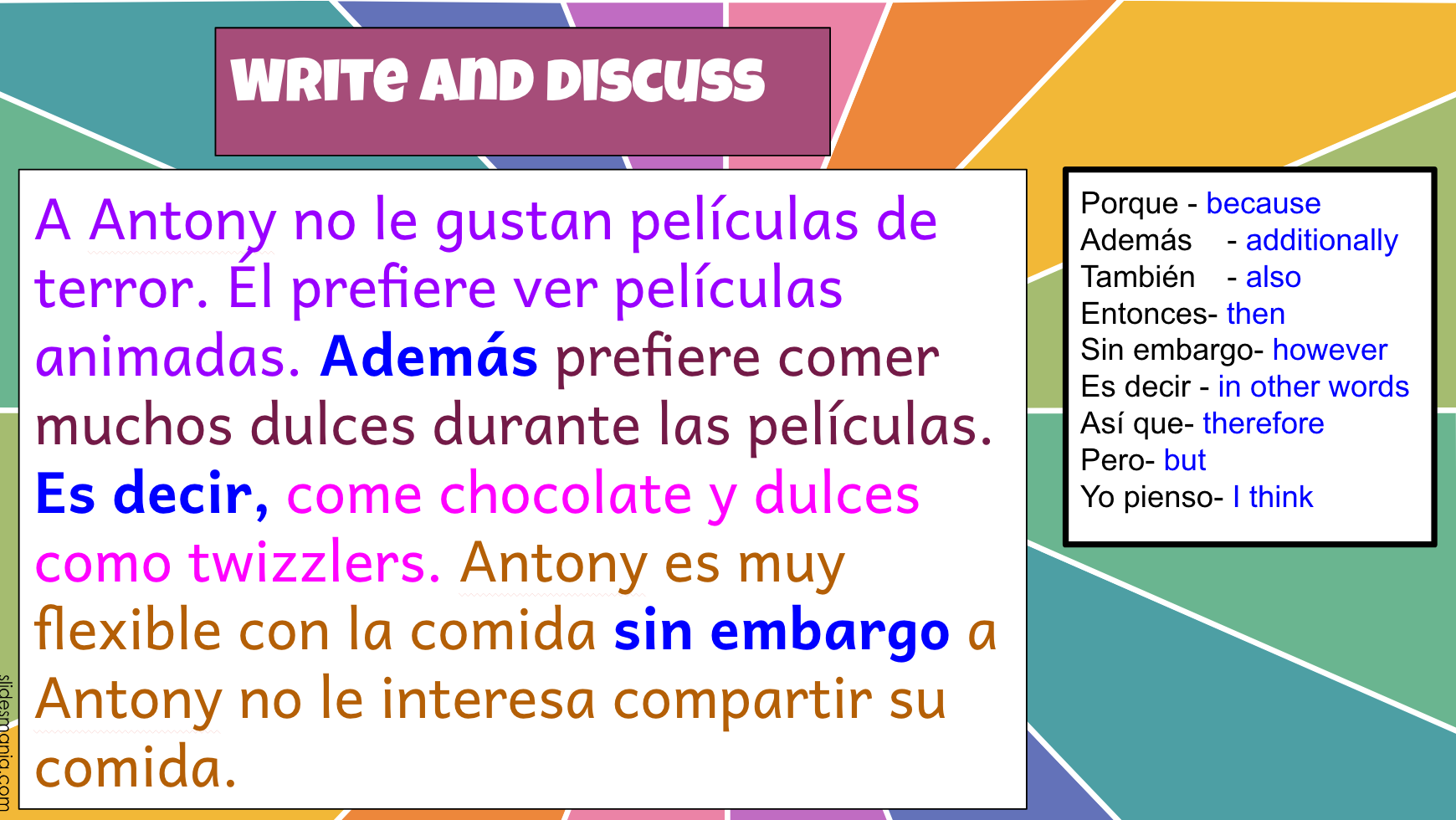 Write and Discuss classroom example in Spanish with color-coded sentences and transition word bank — co-created student text about Antony's movie preferences