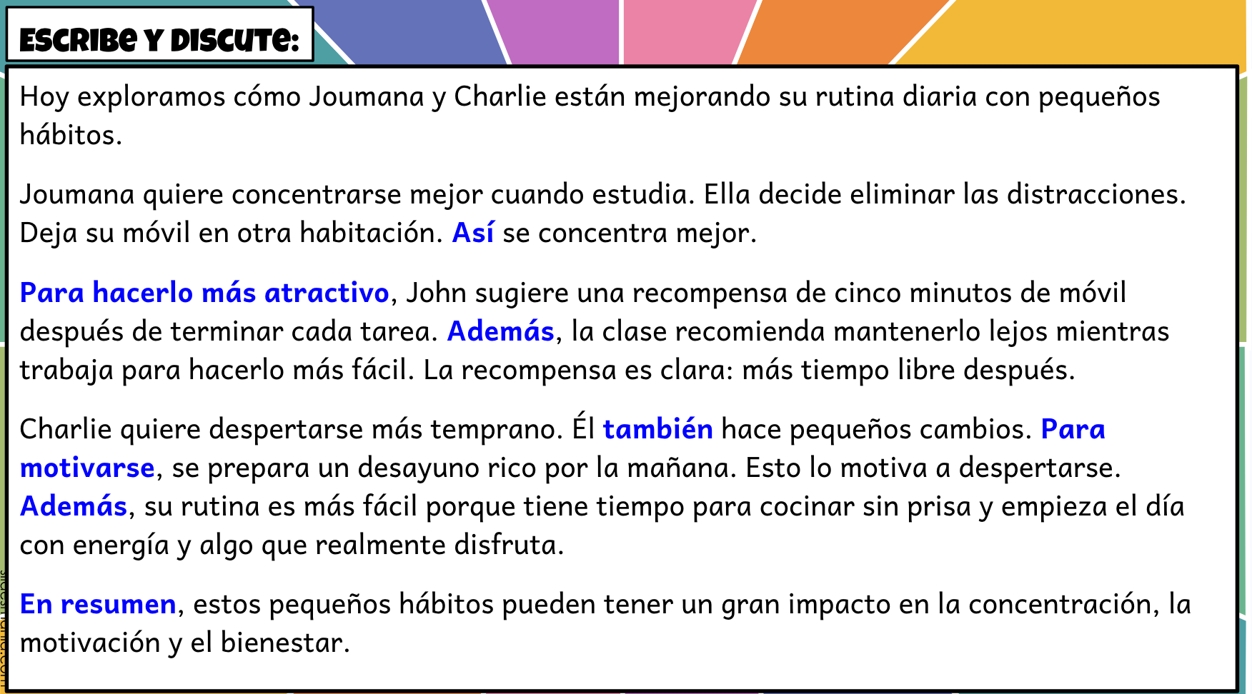 Example of a Write and Discuss co-created class text in Spanish showing color-coded transition words and student names — Atomic Habits lesson