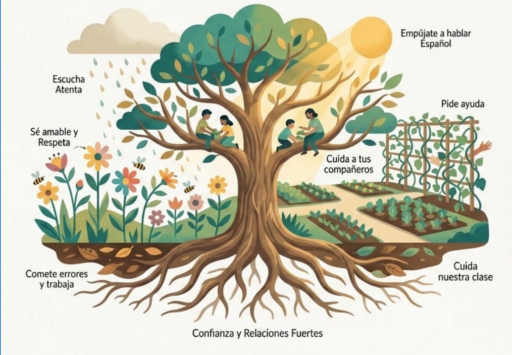 Illustrated tree labeled in Spanish: trust and strong relationships at the roots, caring for classmates and the classroom on the branches, asking for help and pushing yourself to speak Spanish in the sunlight.