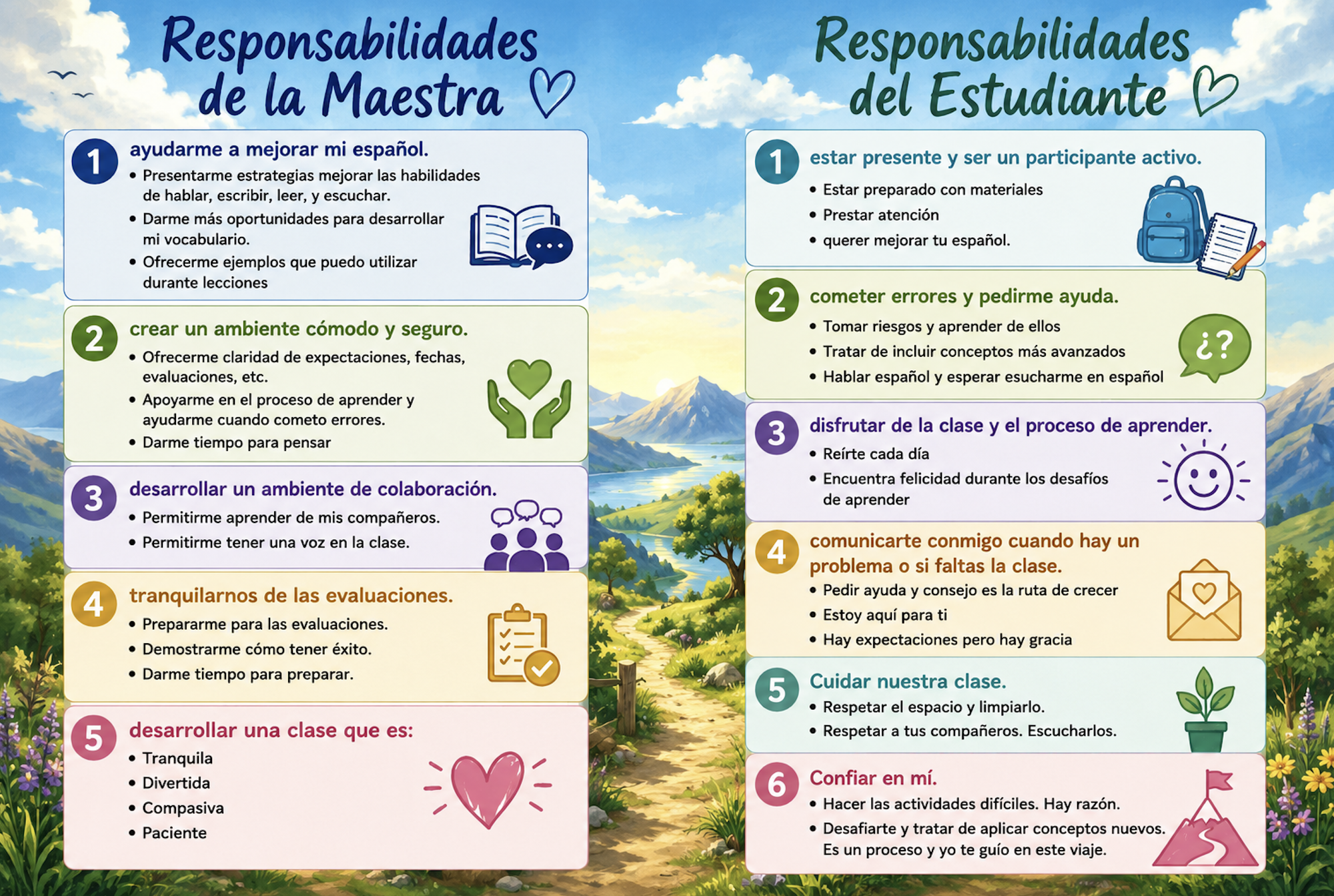 Two-column Spanish poster listing five teacher responsibilities and six student responsibilities, each with action steps.