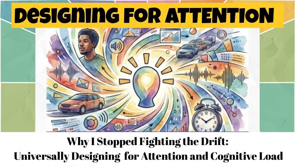 Watercolor illustration of a lightbulb at the center of a swirl of distractions — cars, clocks, sound waves, and charts — representing cognitive overload and designing for student attention.